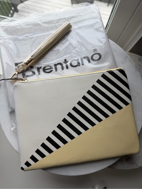 Brentano Handbags - Brentano Diagonal Stripe clutch - White, Black & Pale Yellow